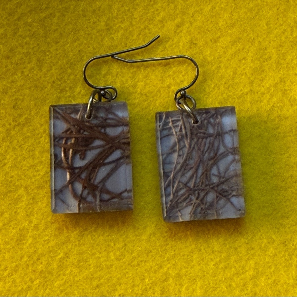 Resin Rectangular Earrings - Grey, gold, copper colour